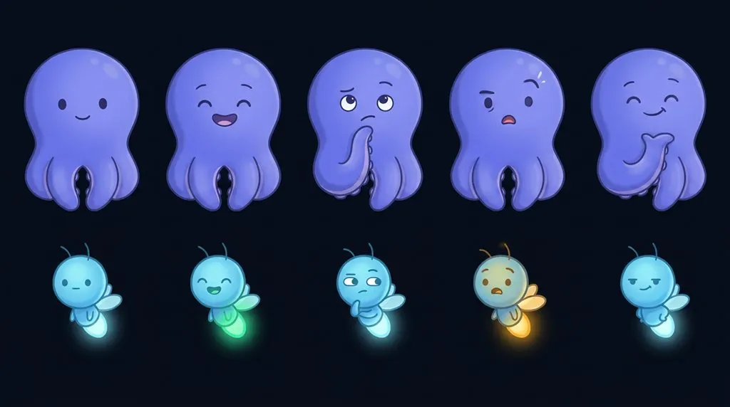 Five faces each: at rest, happy, thinking, oops, proud